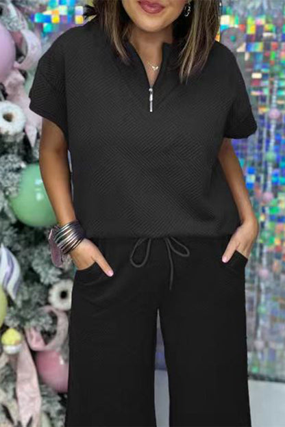 Simplicity Pocket Zipper Texture Turndown Collar Short Sleeve Two Pieces