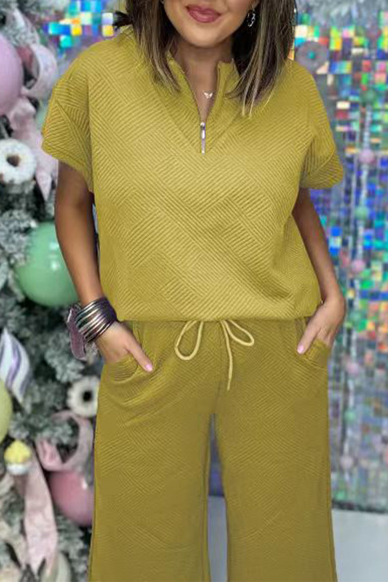 Simplicity Pocket Zipper Texture Turndown Collar Short Sleeve Two Pieces