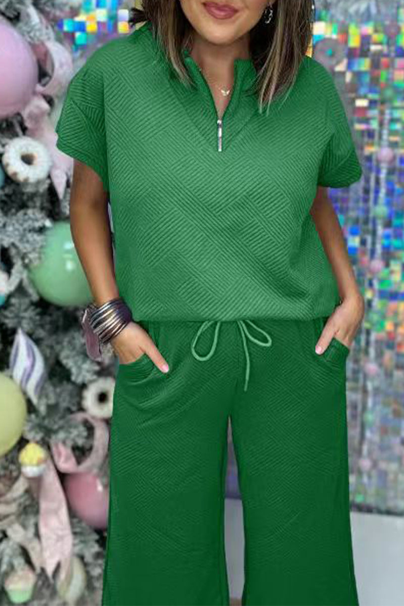 Simplicity Pocket Zipper Texture Turndown Collar Short Sleeve Two Pieces