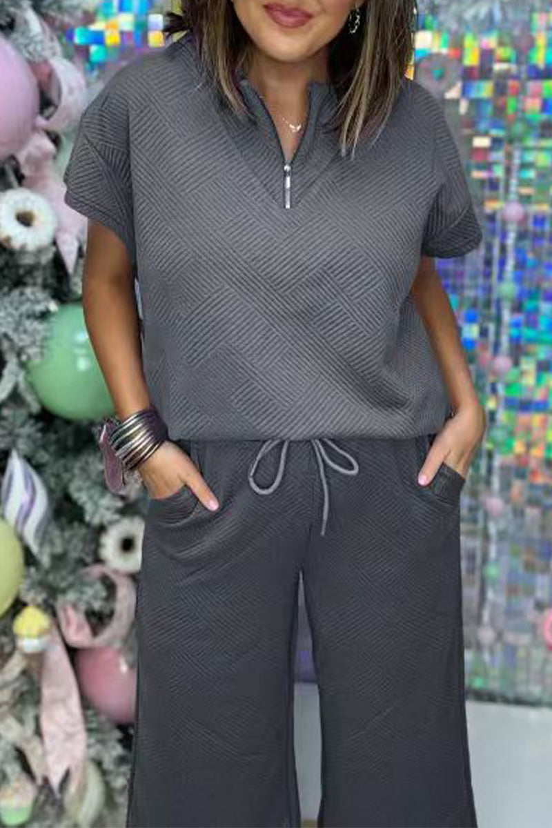 Simplicity Pocket Zipper Texture Turndown Collar Short Sleeve Two Pieces