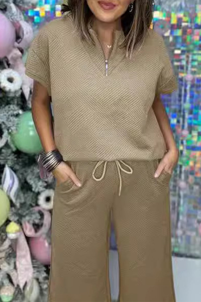 Simplicity Pocket Zipper Texture Turndown Collar Short Sleeve Two Pieces