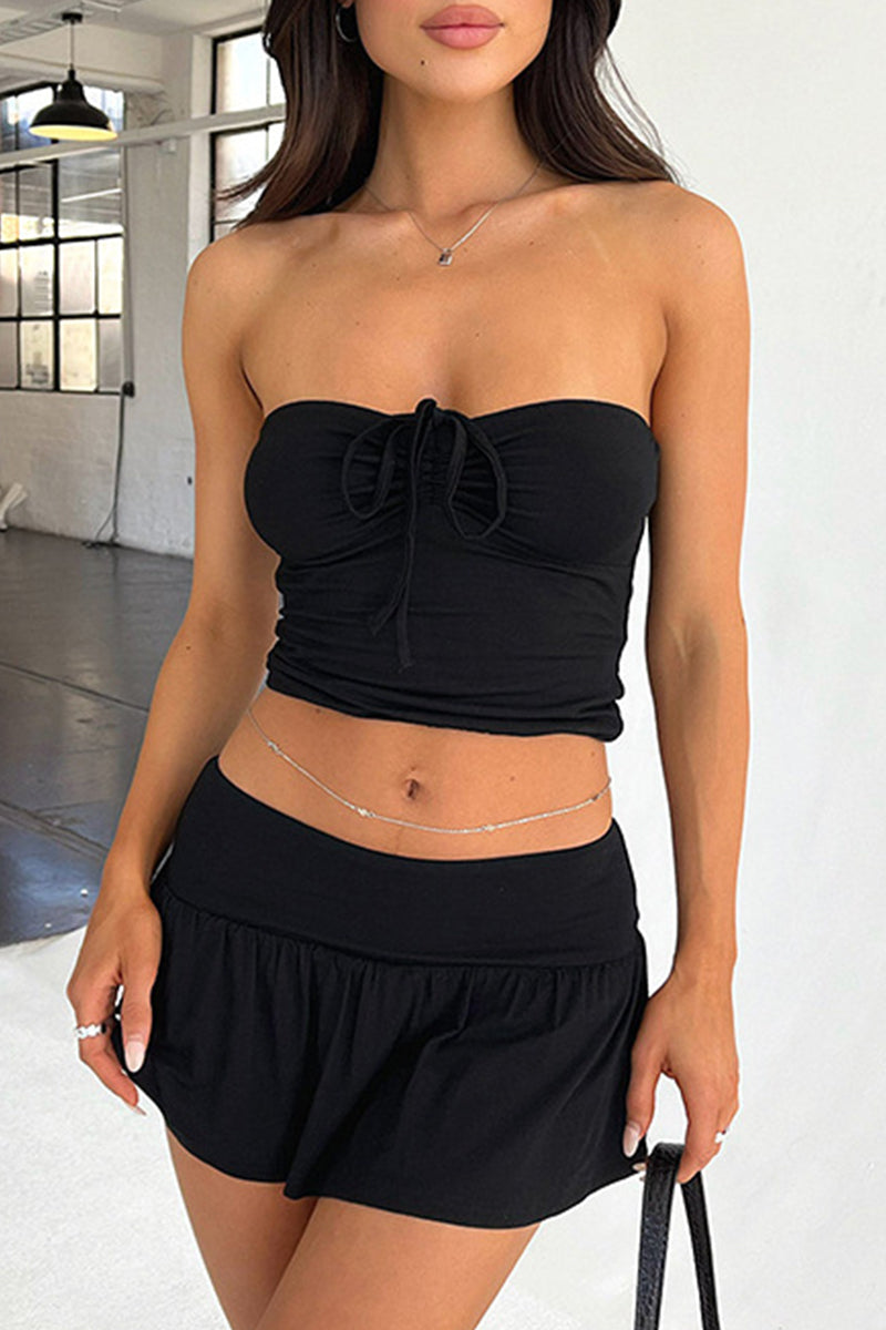 Draw String Fold Strapless Sleeveless Two Pieces