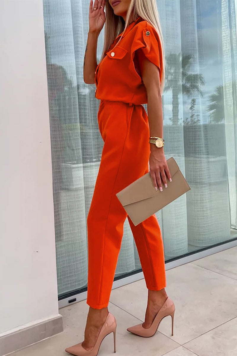 Buttons Turndown Collar Straight Jumpsuits