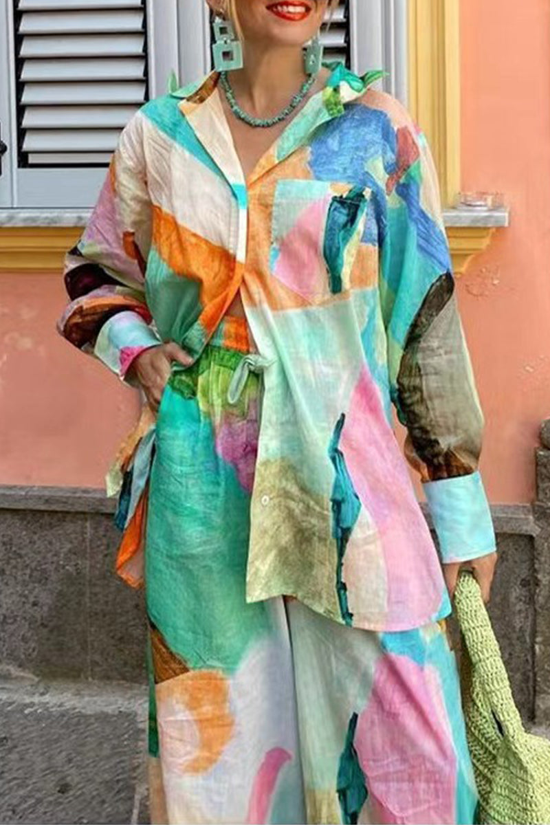 Print Graffiti Pocket Contrast Turndown Collar Long Sleeve Two Pieces