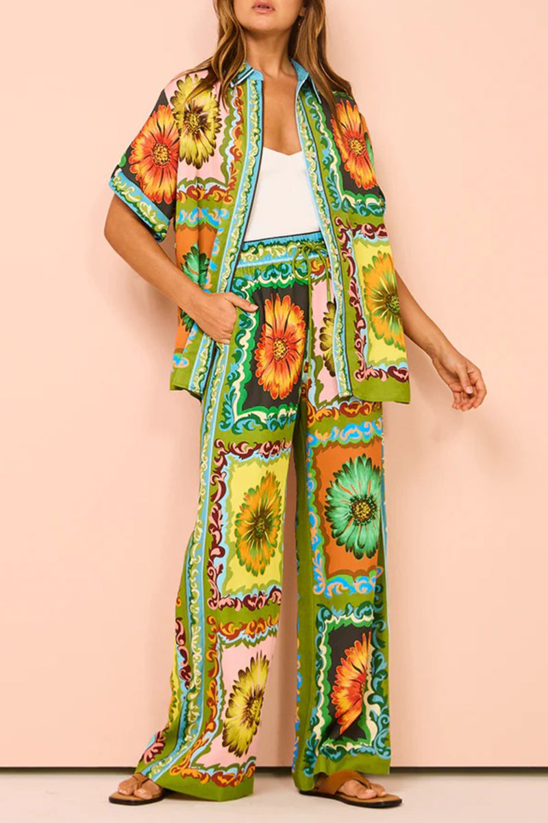Print Flowers Pocket Turndown Collar Short Sleeve Two Pieces
