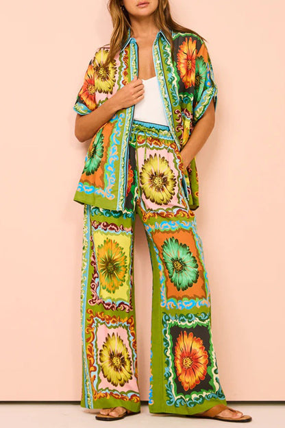 Print Flowers Pocket Turndown Collar Short Sleeve Two Pieces