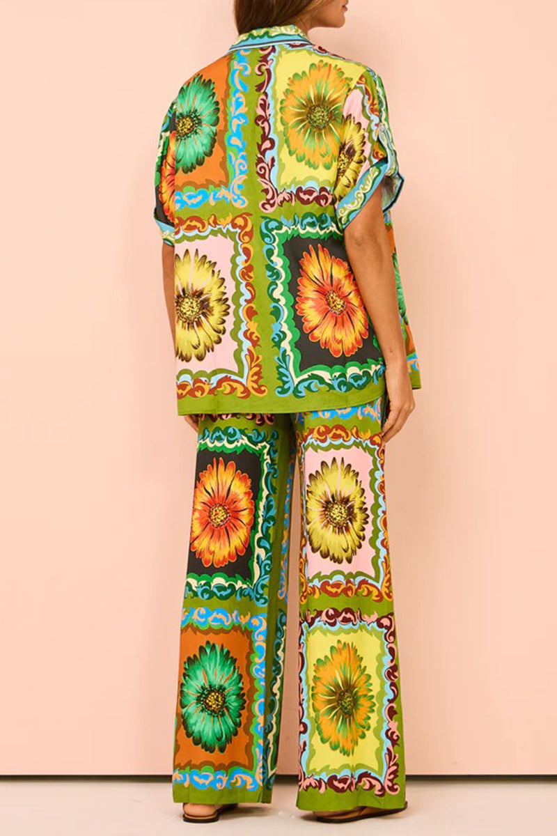 Print Flowers Pocket Turndown Collar Short Sleeve Two Pieces