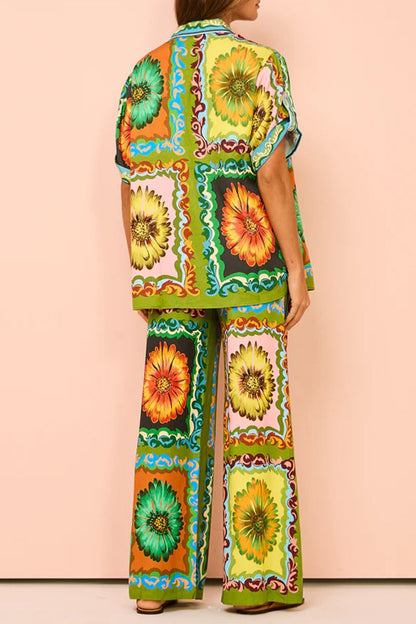 Print Flowers Pocket Turndown Collar Short Sleeve Two Pieces