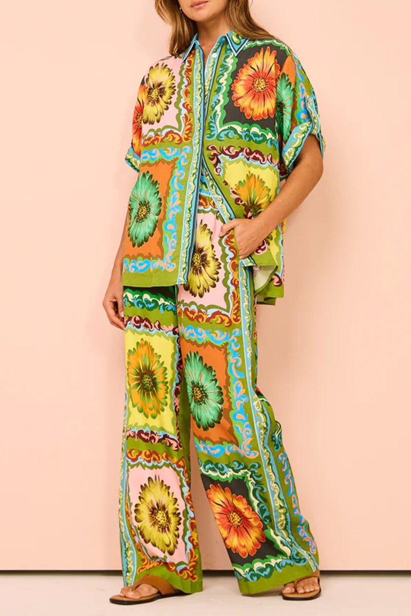 Print Flowers Pocket Turndown Collar Short Sleeve Two Pieces