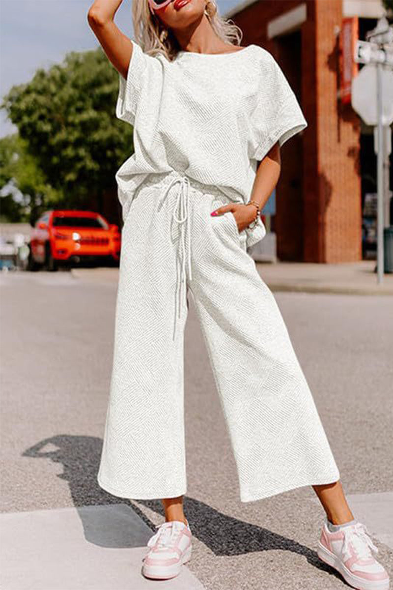 Simplicity Pocket Texture O Neck Short Sleeve Two Pieces