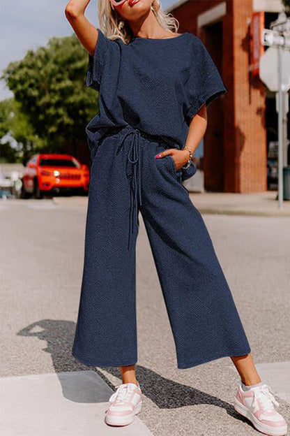 Simplicity Pocket Texture O Neck Short Sleeve Two Pieces