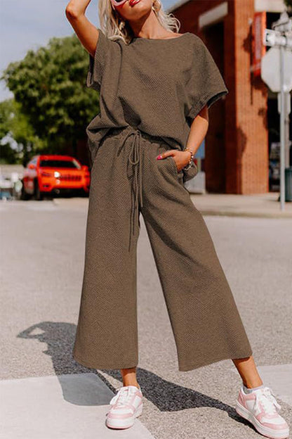 Simplicity Pocket Texture O Neck Short Sleeve Two Pieces