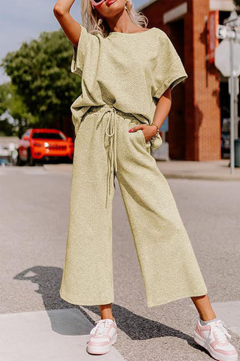 Simplicity Pocket Texture O Neck Short Sleeve Two Pieces