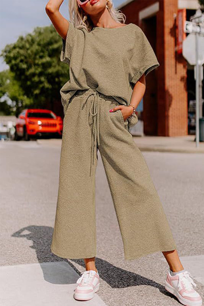 Simplicity Pocket Texture O Neck Short Sleeve Two Pieces