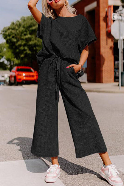 Simplicity Pocket Texture O Neck Short Sleeve Two Pieces