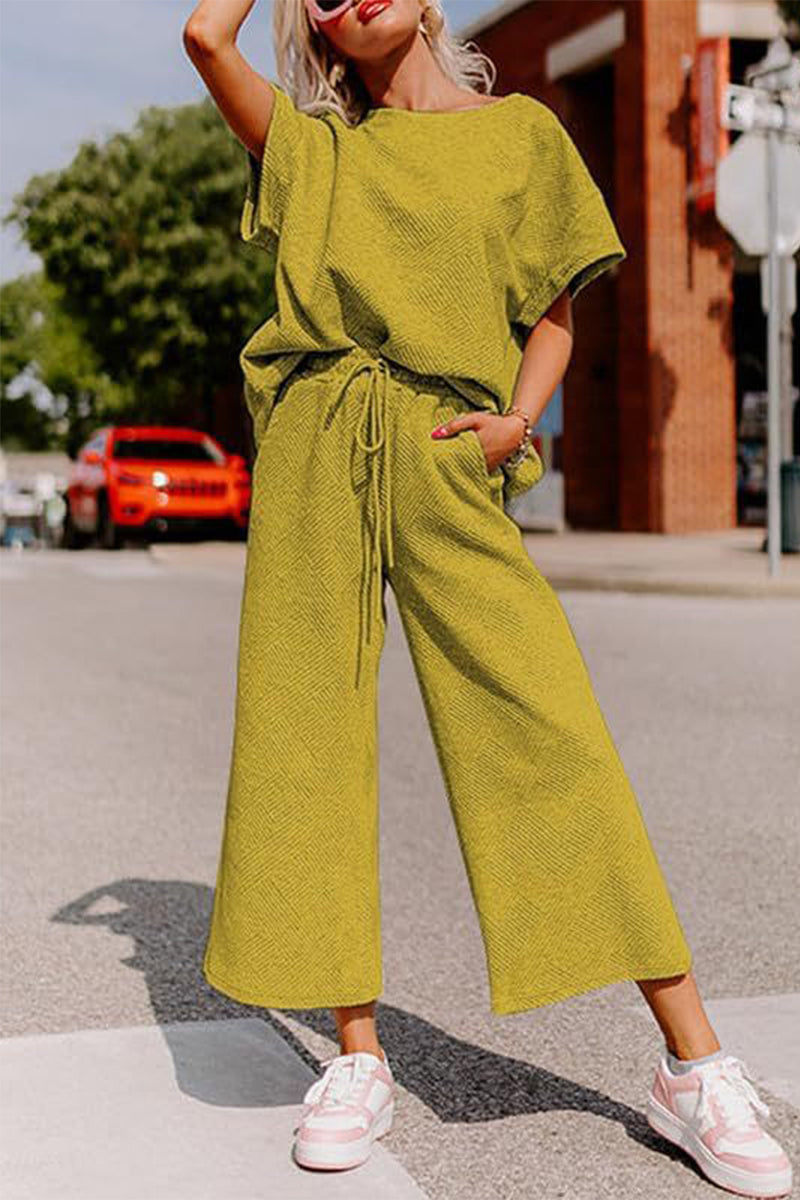 Simplicity Pocket Texture O Neck Short Sleeve Two Pieces