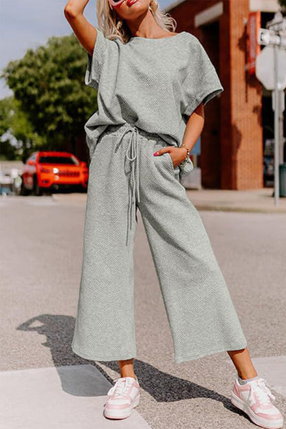Simplicity Pocket Texture O Neck Short Sleeve Two Pieces