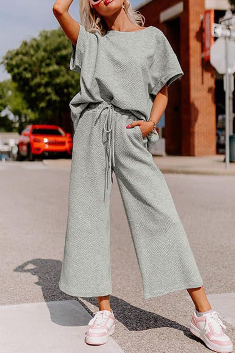 Simplicity Pocket Texture O Neck Short Sleeve Two Pieces