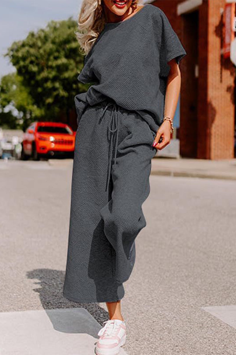Simplicity Pocket Texture O Neck Short Sleeve Two Pieces
