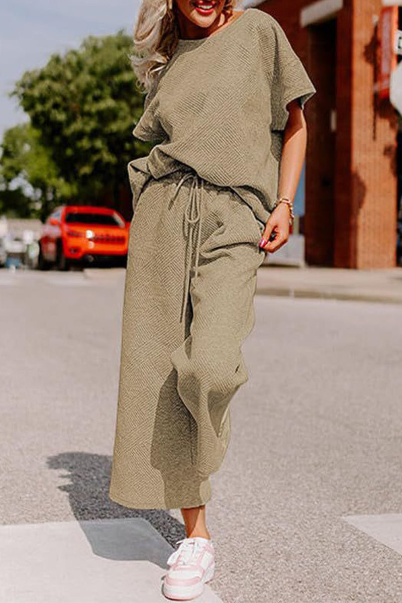 Simplicity Pocket Texture O Neck Short Sleeve Two Pieces