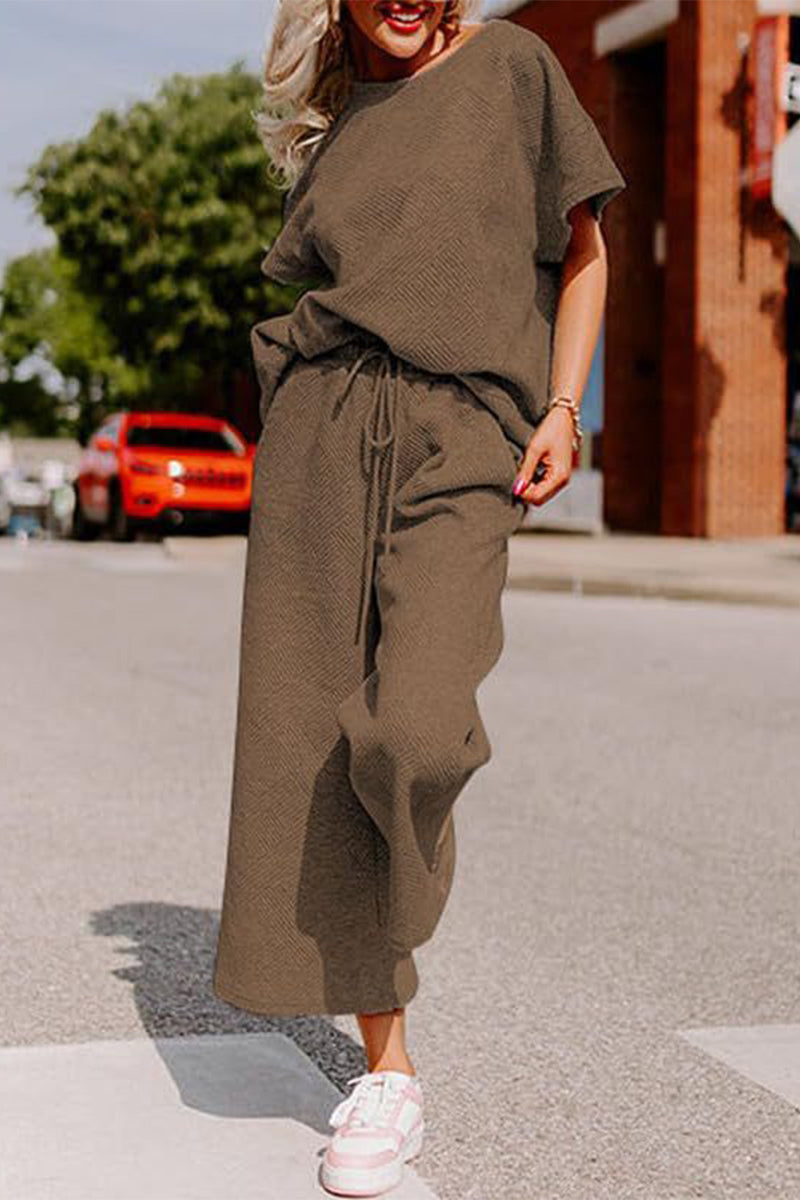 Simplicity Pocket Texture O Neck Short Sleeve Two Pieces