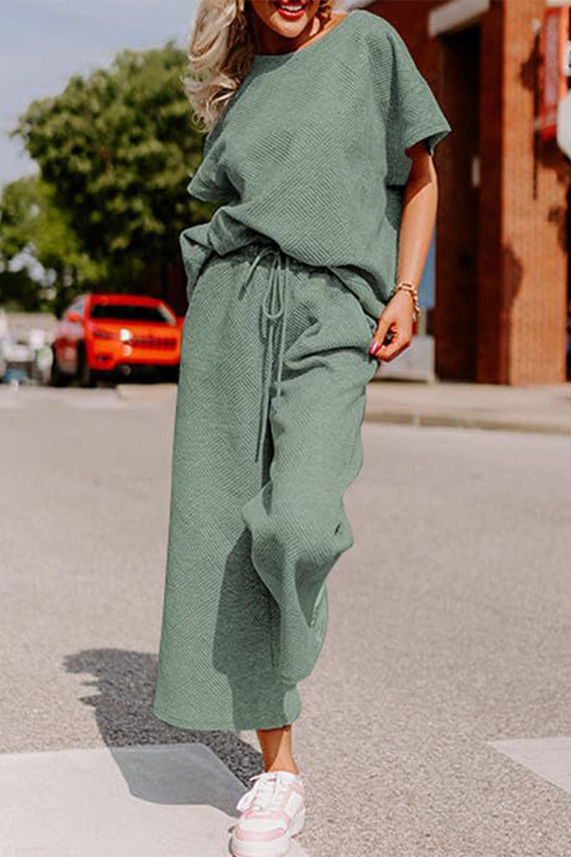 Simplicity Pocket Texture O Neck Short Sleeve Two Pieces