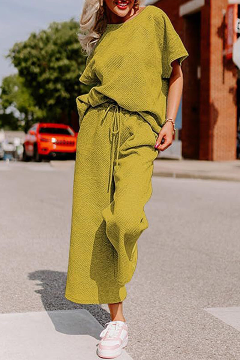 Simplicity Pocket Texture O Neck Short Sleeve Two Pieces