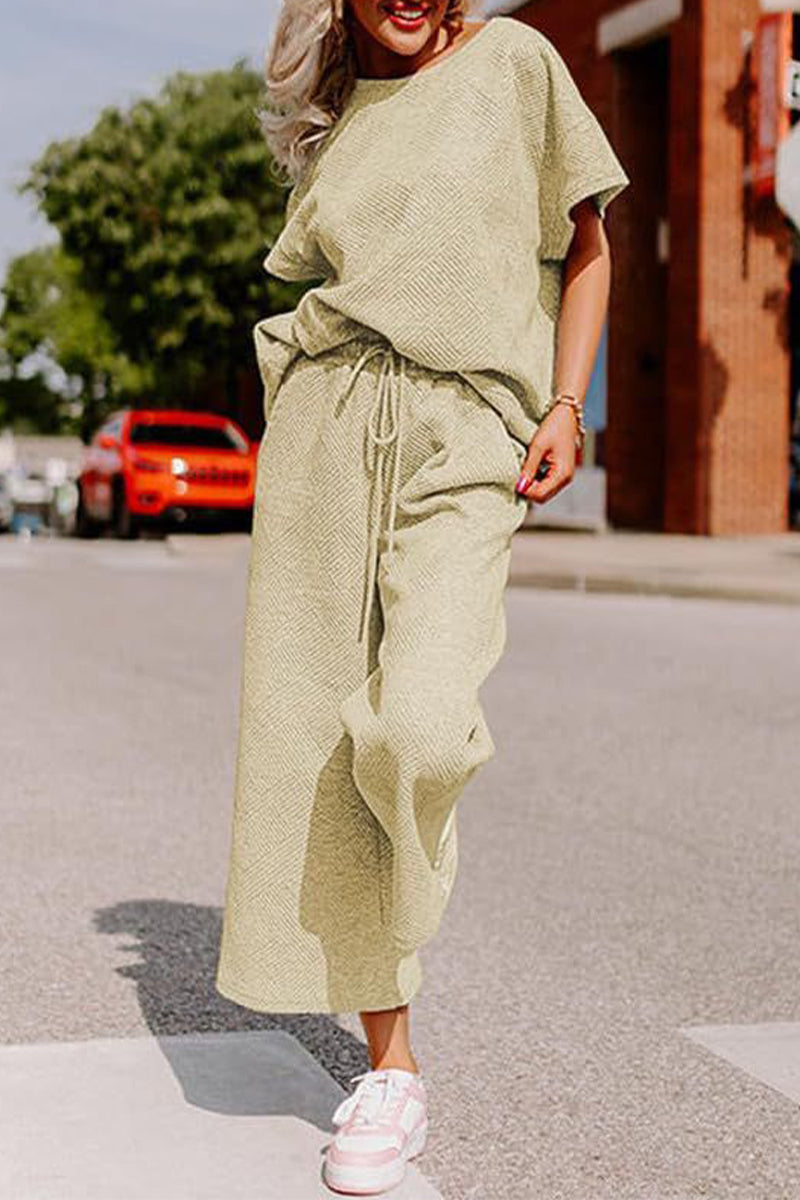 Simplicity Pocket Texture O Neck Short Sleeve Two Pieces