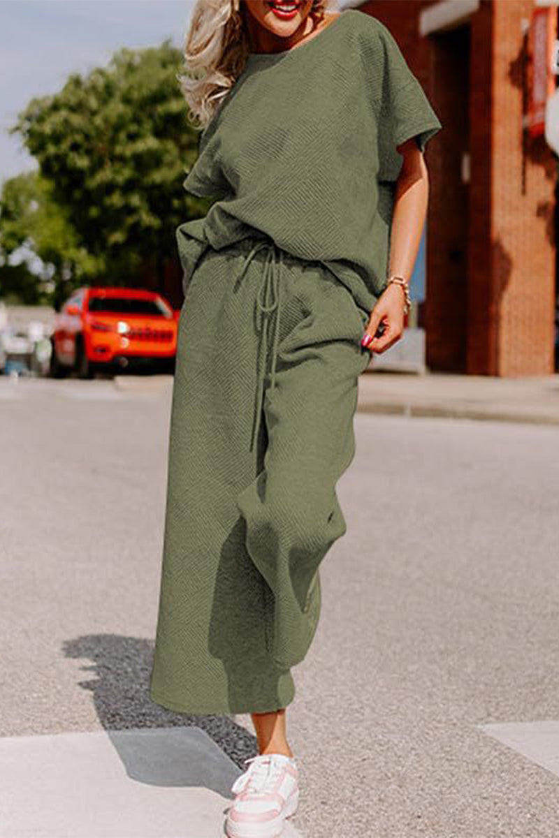 Simplicity Pocket Texture O Neck Short Sleeve Two Pieces