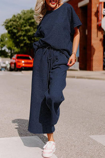 Simplicity Pocket Texture O Neck Short Sleeve Two Pieces