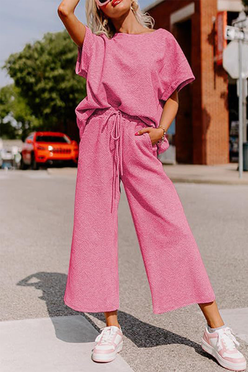 Simplicity Pocket Texture O Neck Short Sleeve Two Pieces
