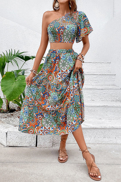 Geometric Print Patchwork Oblique Collar Short Sleeve Two Pieces