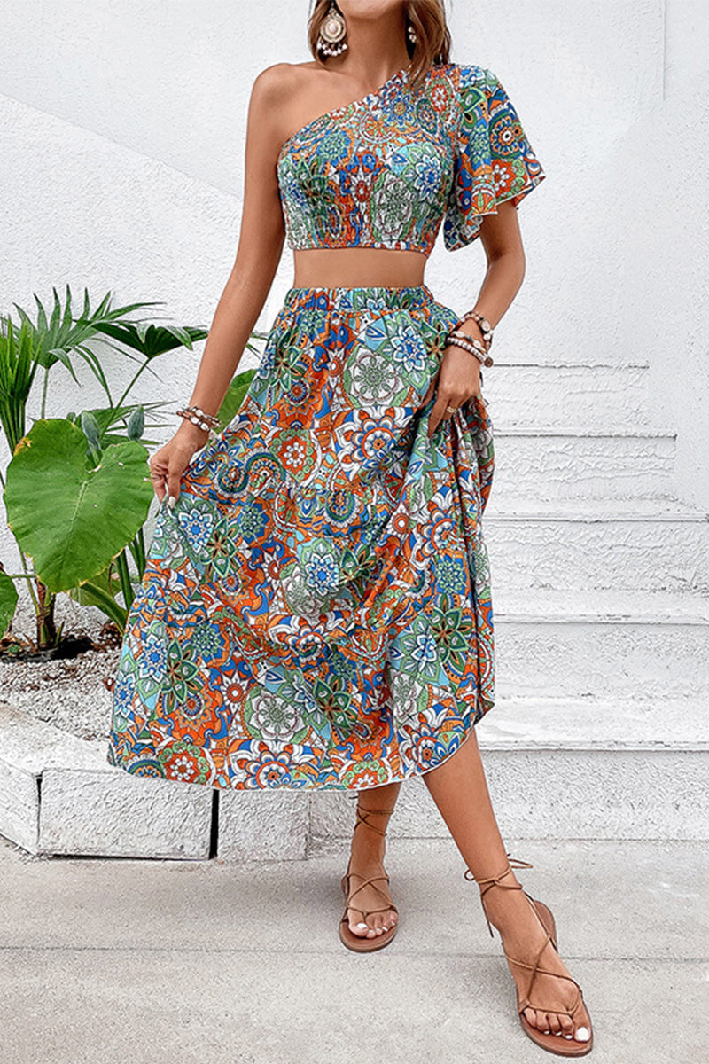 Geometric Print Patchwork Oblique Collar Short Sleeve Two Pieces