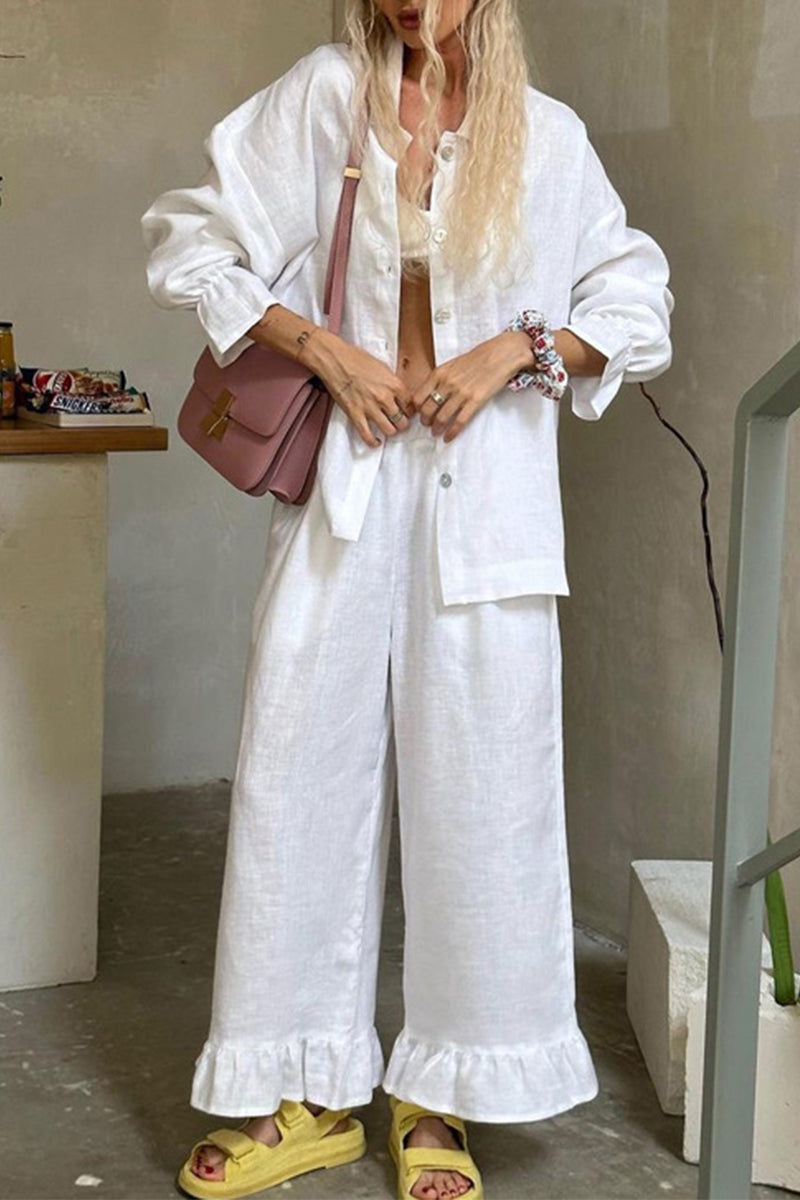Buckle Flounce Turndown Collar Long Sleeve Two Pieces