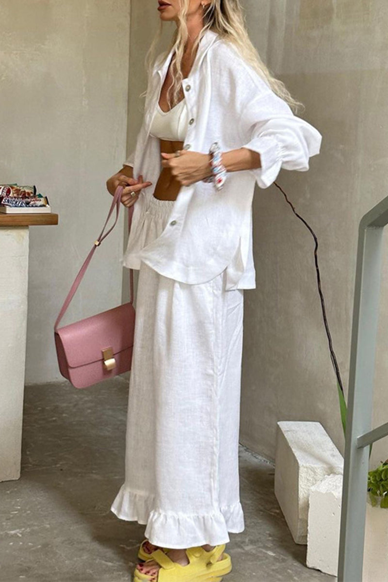 Buckle Flounce Turndown Collar Long Sleeve Two Pieces