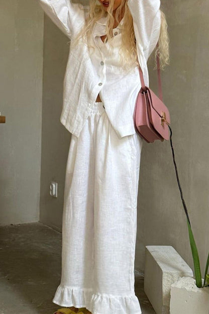 Buckle Flounce Turndown Collar Long Sleeve Two Pieces