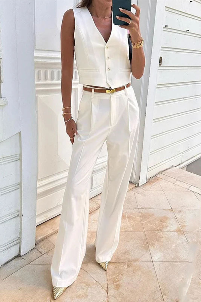 British Style Buttons V Neck Sleeveless Two Pieces