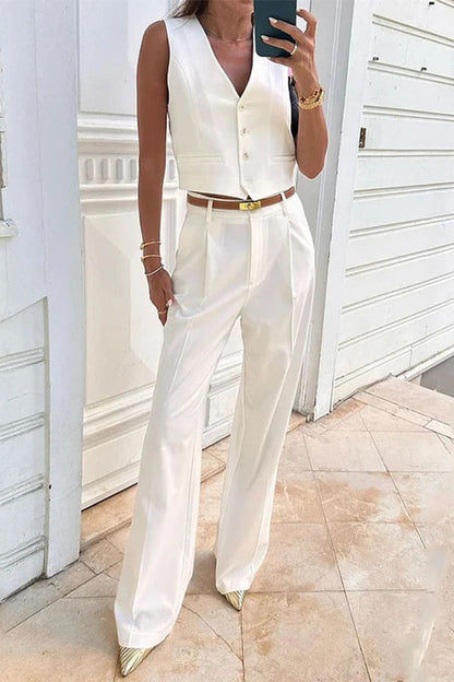 British Style Buttons V Neck Sleeveless Two Pieces