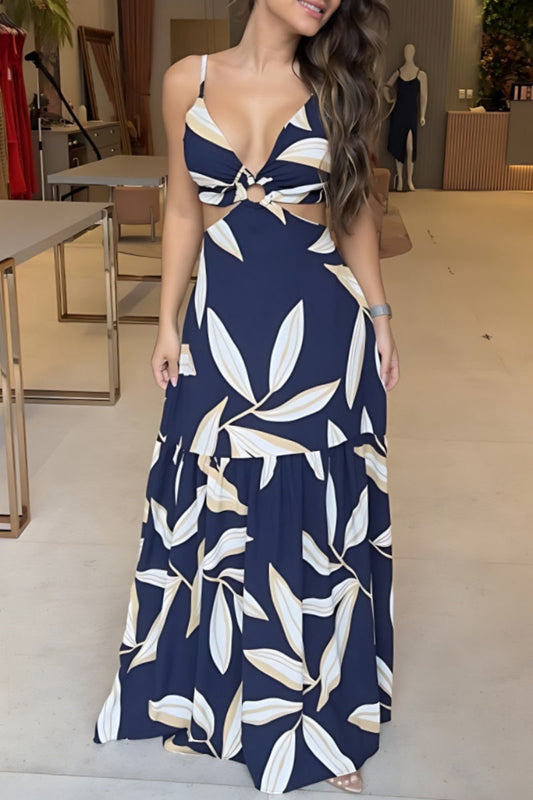 Print Backless Spaghetti Strap Long Dresses