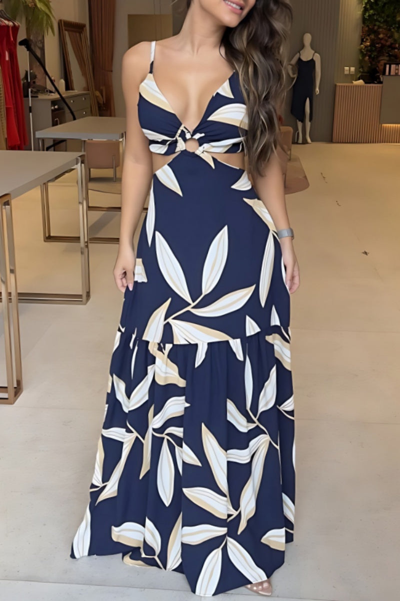 Print Backless Spaghetti Strap Long Dresses