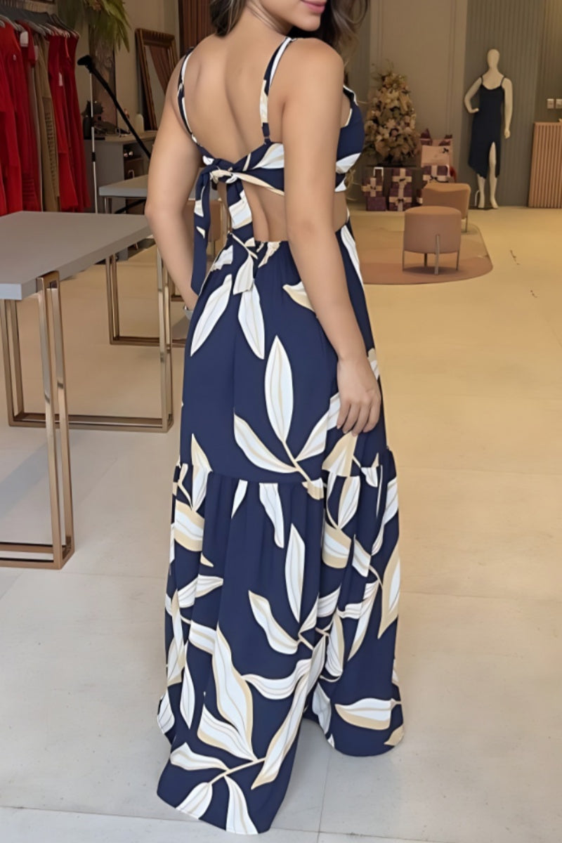 Print Backless Spaghetti Strap Long Dresses