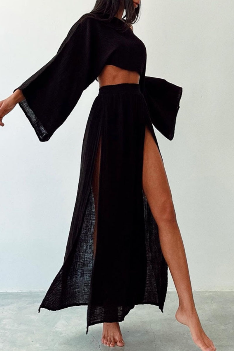 Slit O Neck Long Sleeve Two Pieces