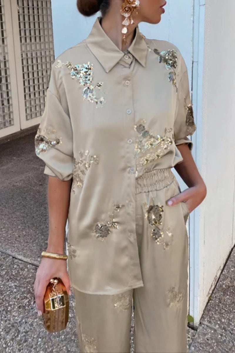 Flowers Sequins Patchwork Turndown Collar Long Sleeve Two Pieces