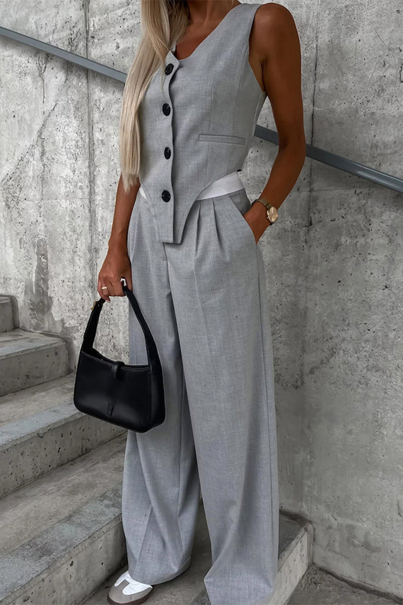 British Style Pocket Buckle V Neck Sleeveless Two Pieces