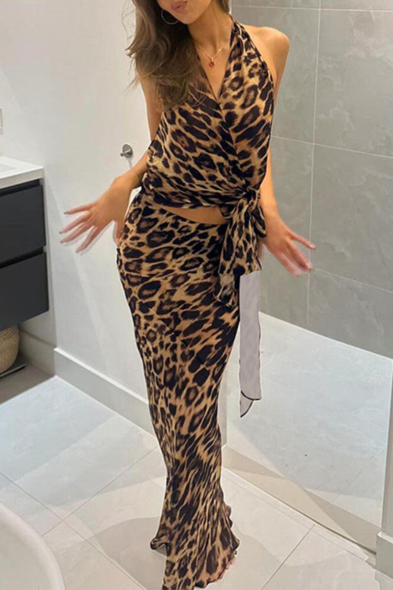 Print Leopard Bandage Backless Stringy Selvedge V Neck Sleeveless Two Pieces