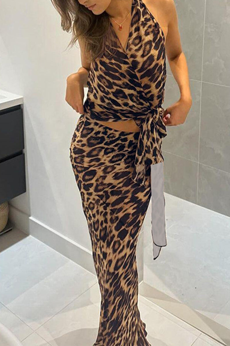 Print Leopard Bandage Backless Stringy Selvedge V Neck Sleeveless Two Pieces