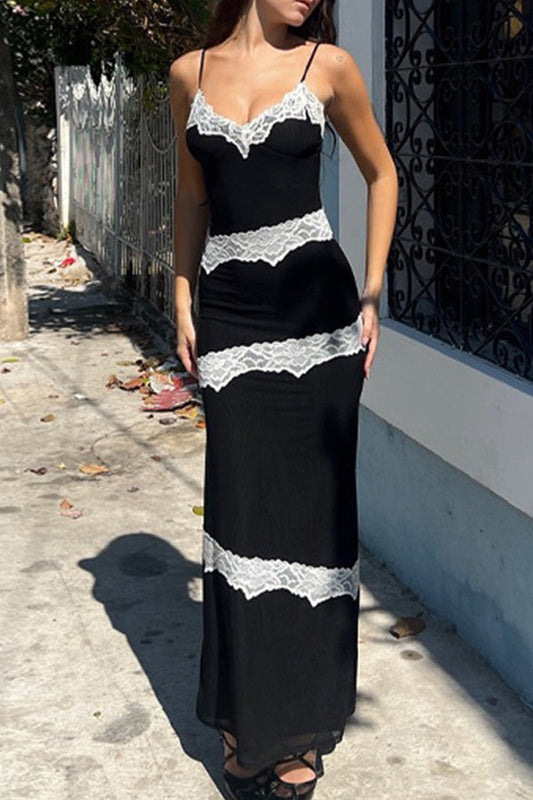 Lace Contrast V Neck One Step Skirt Dresses