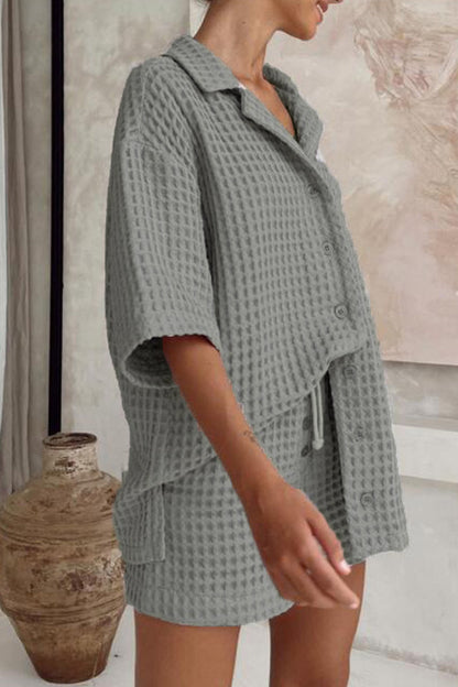 Simplicity Pocket Turn-back Collar Short Sleeve Two Pieces