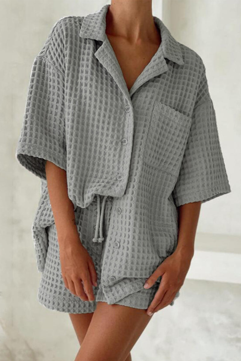 Simplicity Pocket Turn-back Collar Short Sleeve Two Pieces
