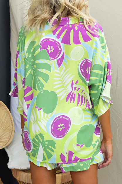Vacation Geometric Print Buttons Contrast Turndown Collar Half Sleeve Two Pieces
